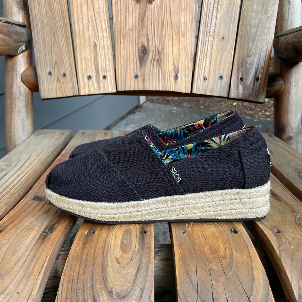 Bobs By Skechers Black High Jinx Espadrille Wedge Slip On Canvas Shoes Size 8
